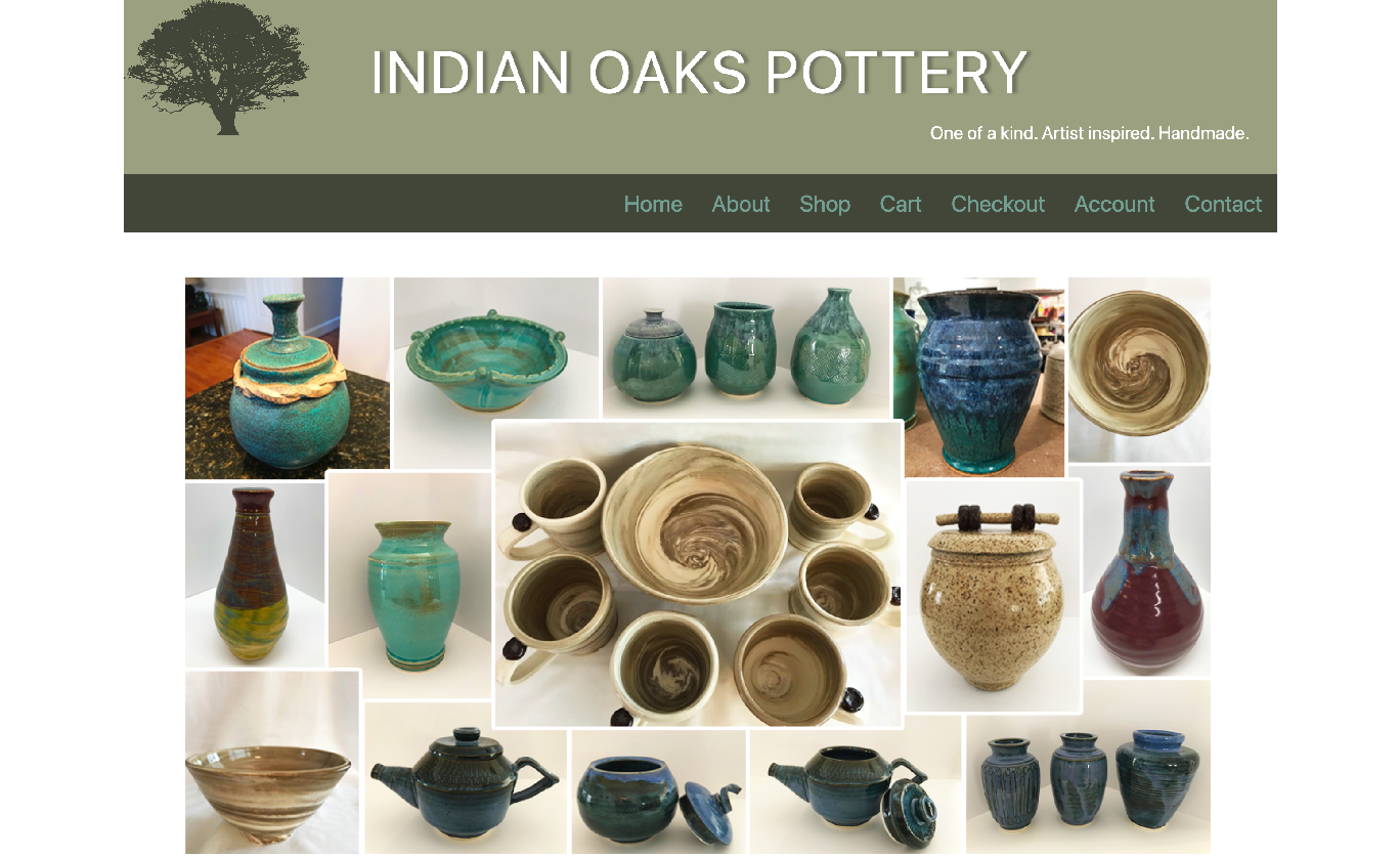 A screencap of a green and white website for Indian Oaks Pottery. Large hero image of various pieces of pottery.